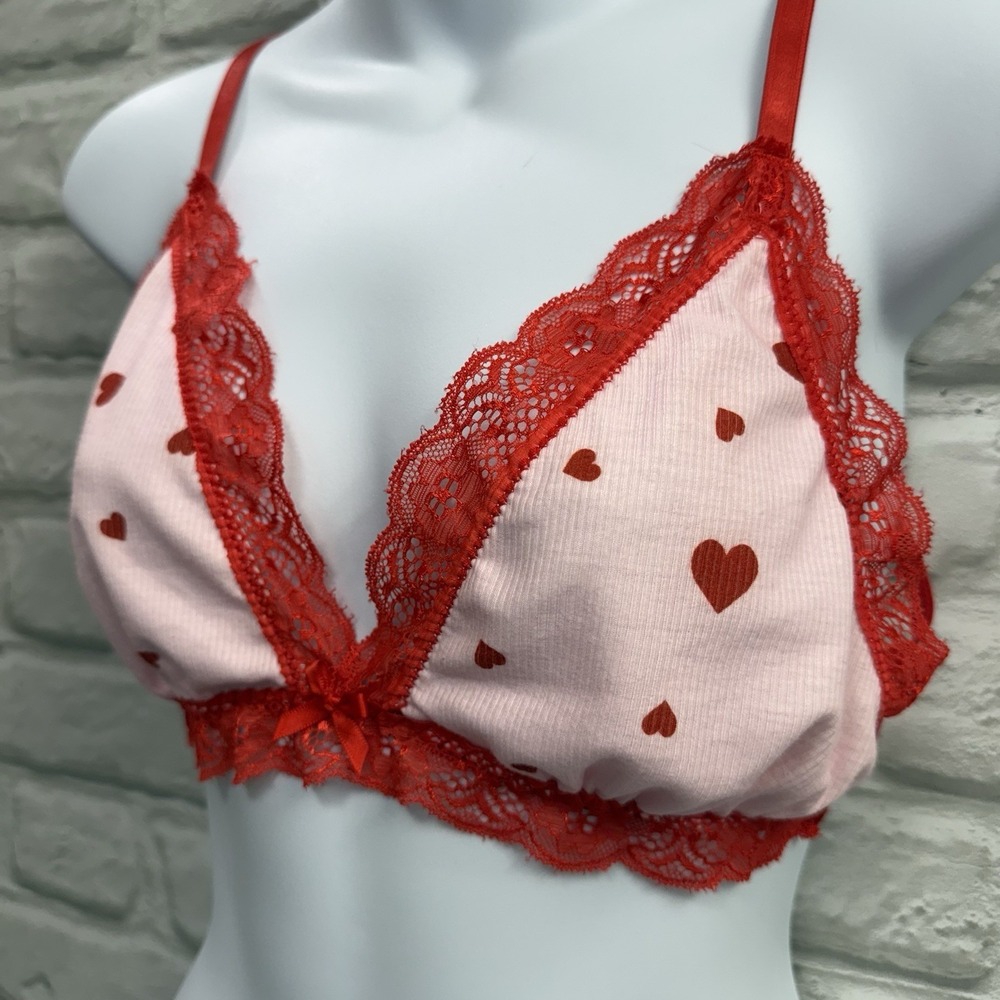 Very Sexy Bralette Red‎ Lace Pink Hearts Strappy L Valentines Romantic lingerie